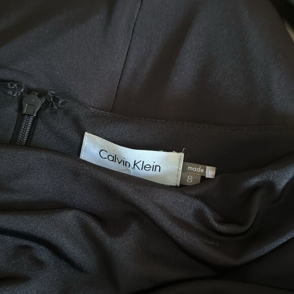 Calvin Klein black ruched draped neck sparkle rhinestone shoulder bar sheath. 8 - Picture 8 of 8